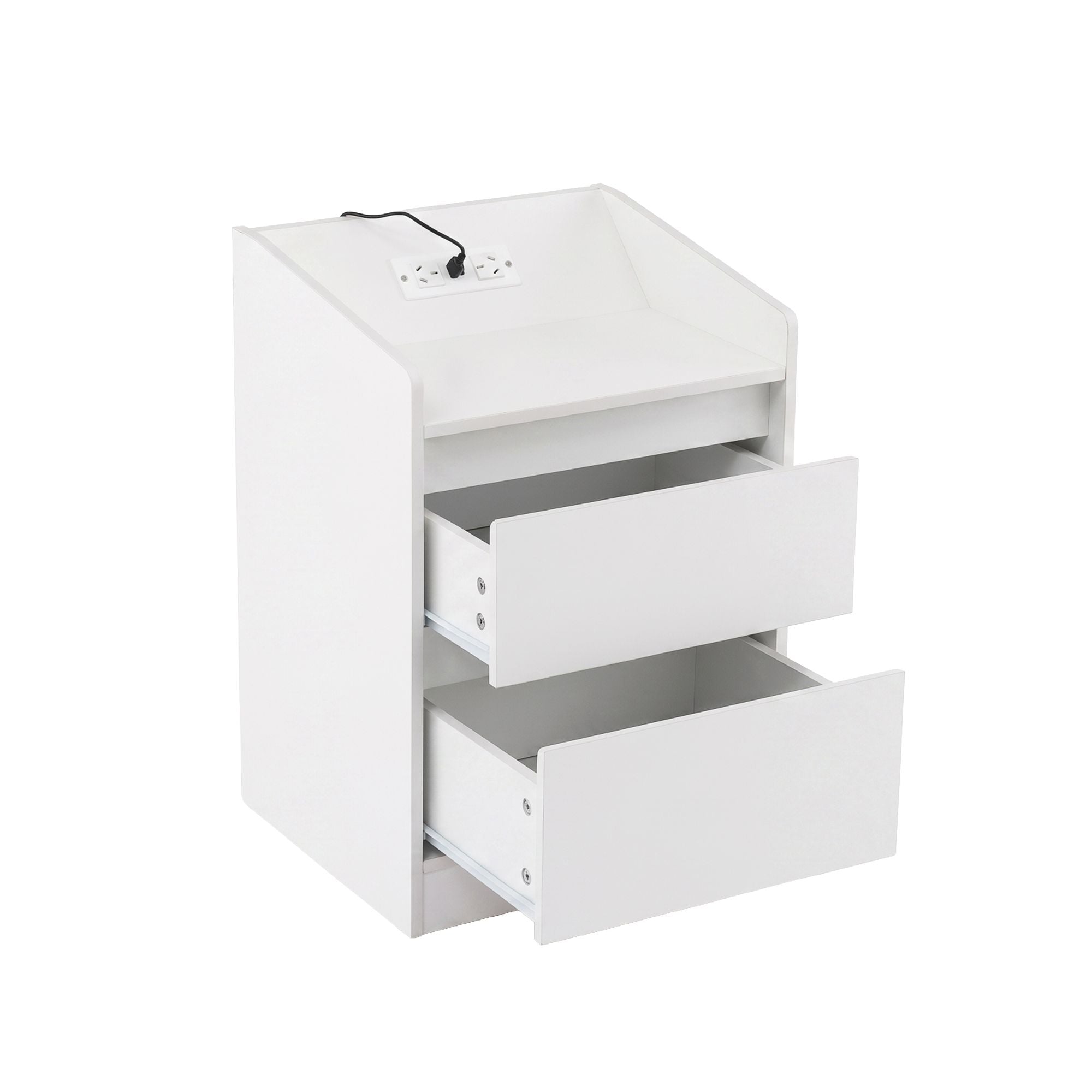 Bedside Table Nightstand with Charging Station 2 Drawers LED White