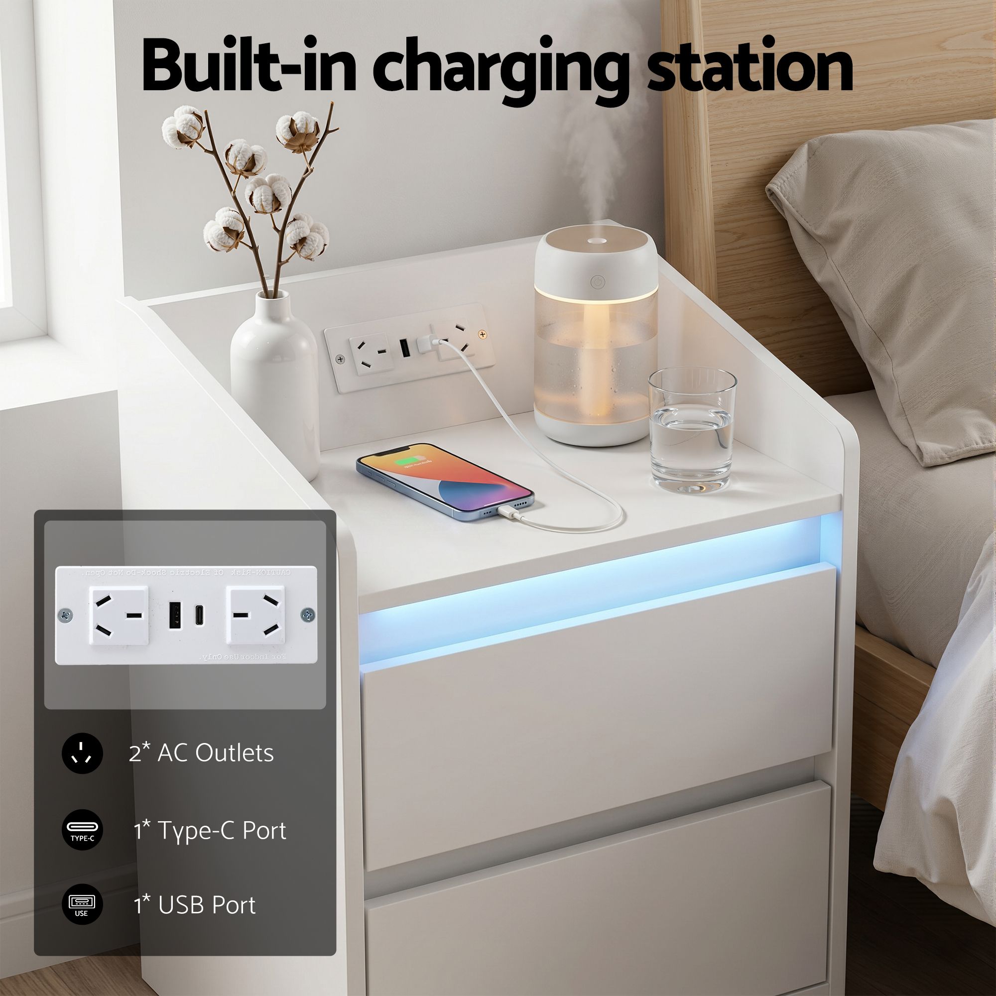 Bedside Table Nightstand with Charging Station 2 Drawers LED White