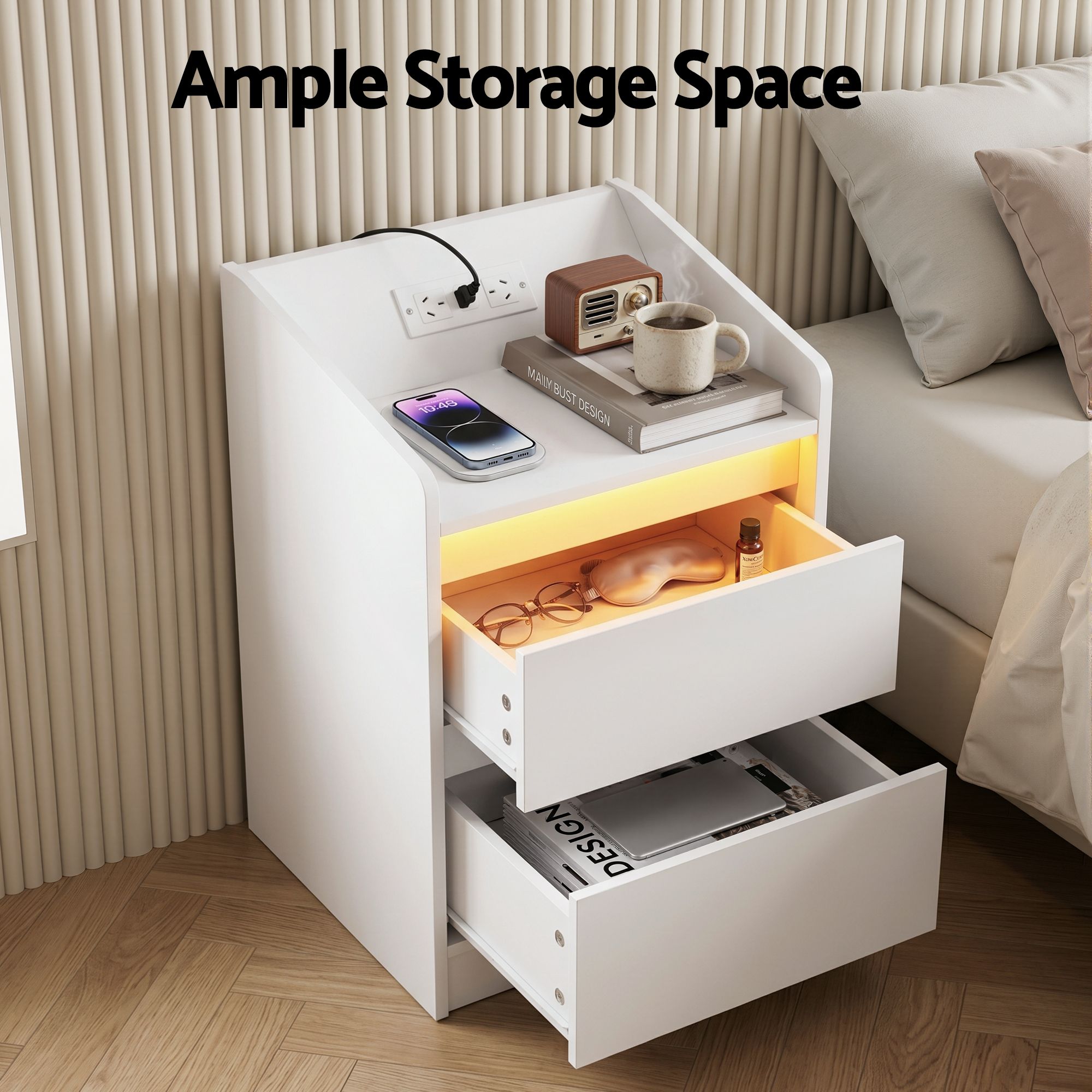 Bedside Table Nightstand with Charging Station 2 Drawers LED White