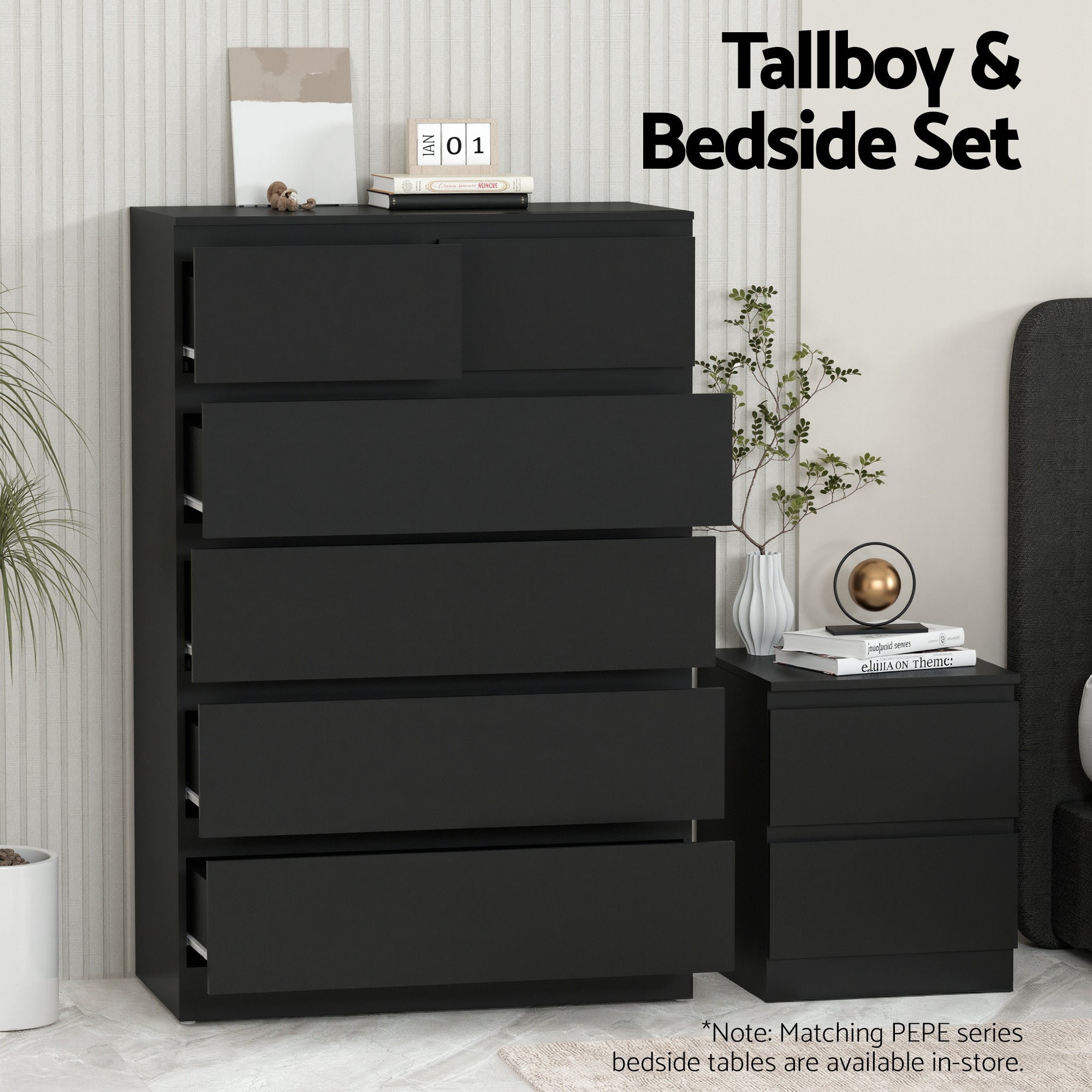 6 Chest of Drawers Tallboy PEPE Black