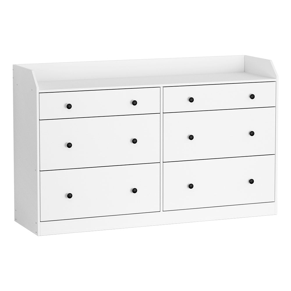 6 Chest of Drawers - PETE White with six black knob drawers and a raised top shelf, bedroom furniture by Bedzy