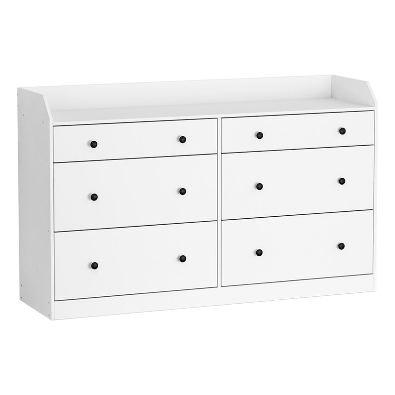 6 Chest of Drawers - PETE White with six black knob drawers and a raised top shelf, bedroom furniture by Bedzy