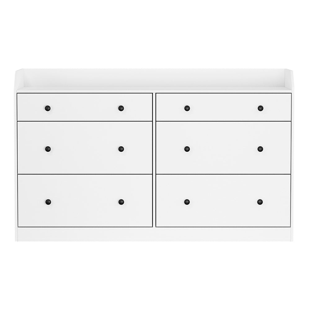 6 Chest of Drawers - PETE White with black knobs, six spacious drawers, and a durable high-density particleboard frame.