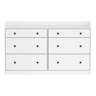 6 Chest of Drawers - PETE White with black knobs, six spacious drawers, and a durable high-density particleboard frame.