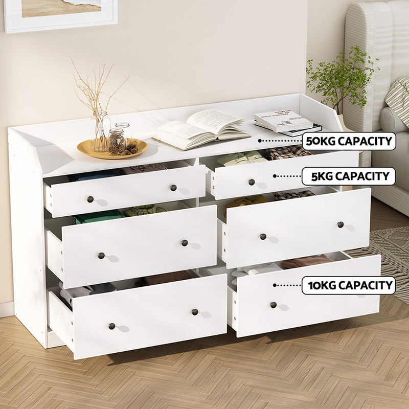 6 Chest of Drawers - PETE White with six spacious drawers, high-density particleboard frame, shown with capacity labels and decor items