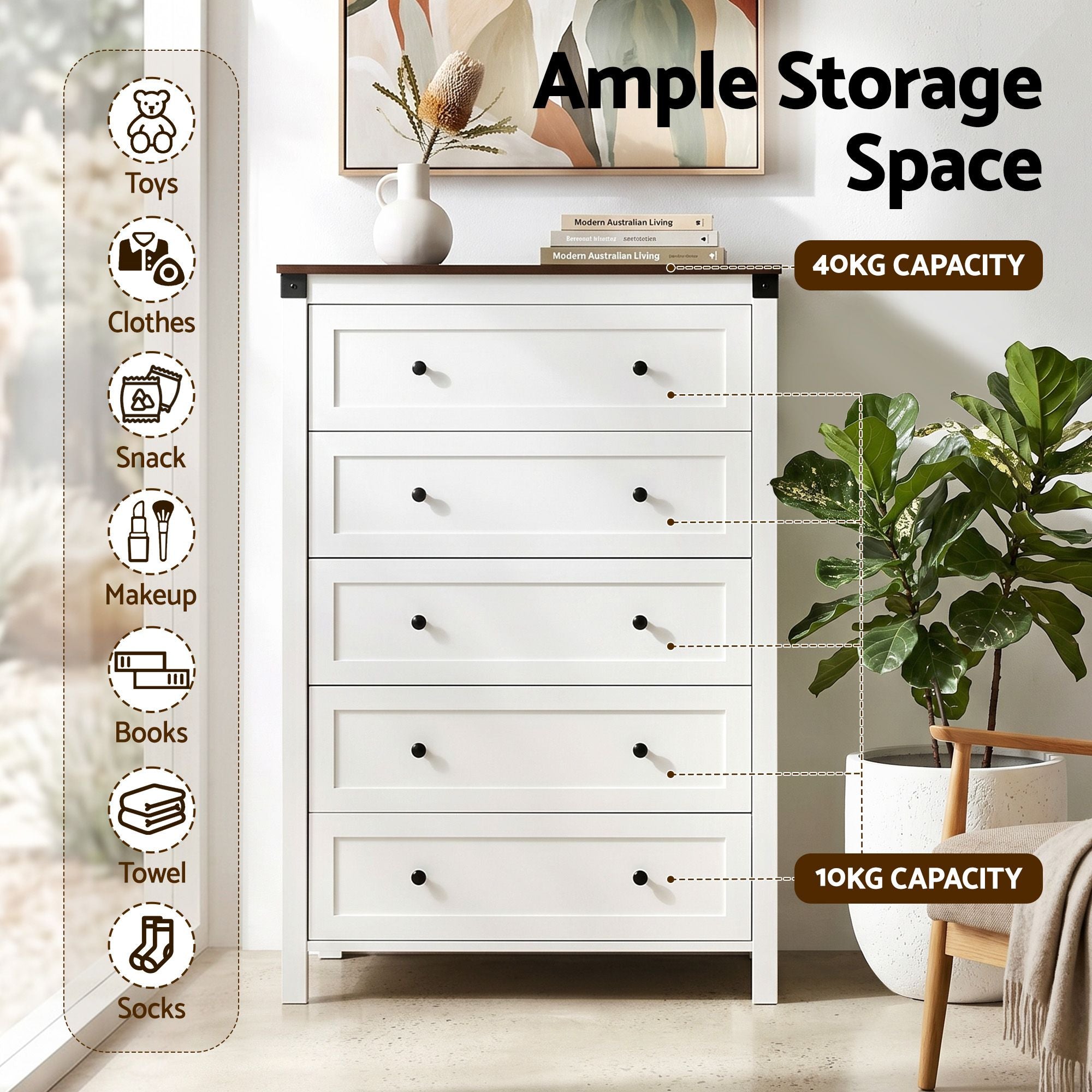 5 Chest of Drawers Storage Tallboy White & Walnut