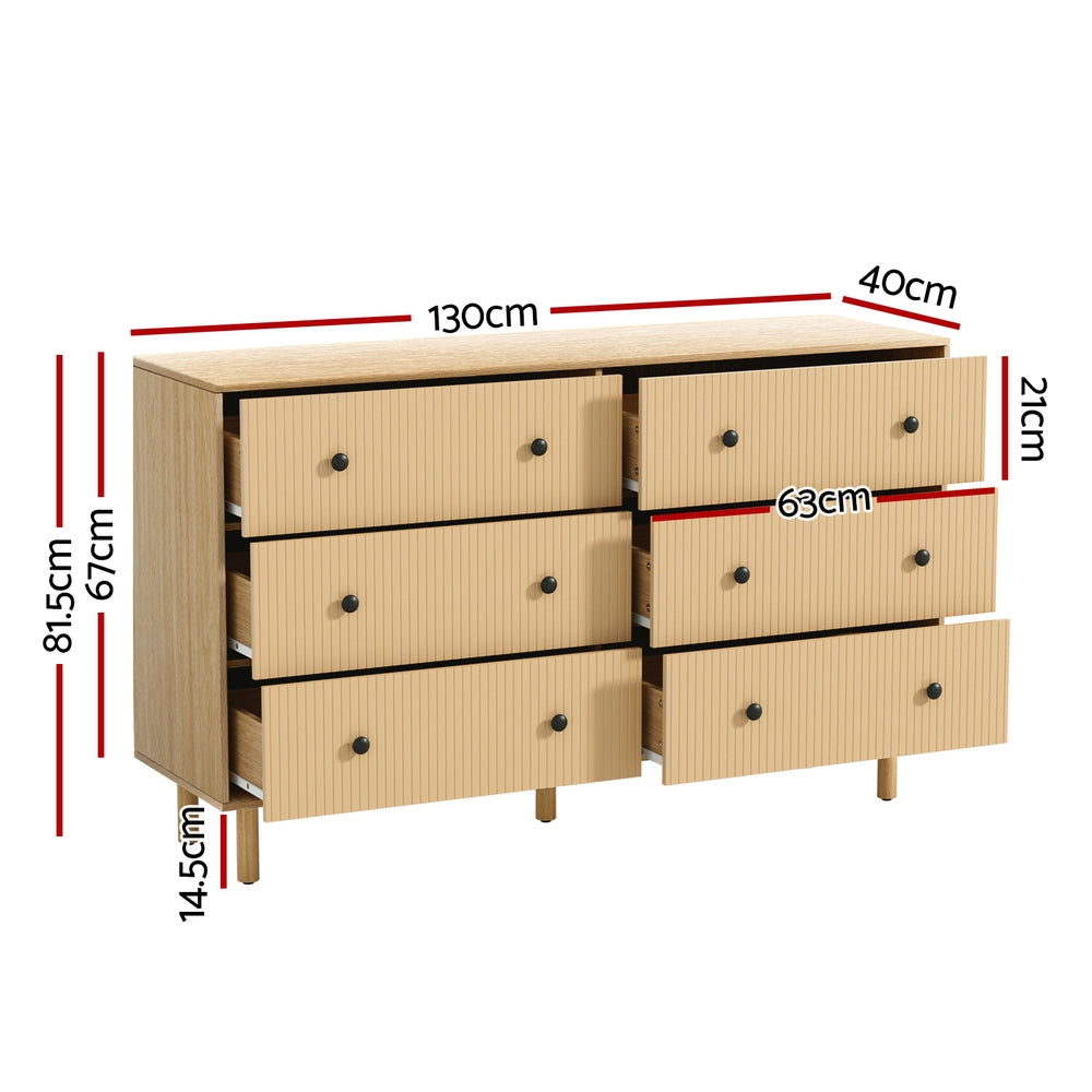 Flutted Front 6 Drawer Lowboy Dresser Oak