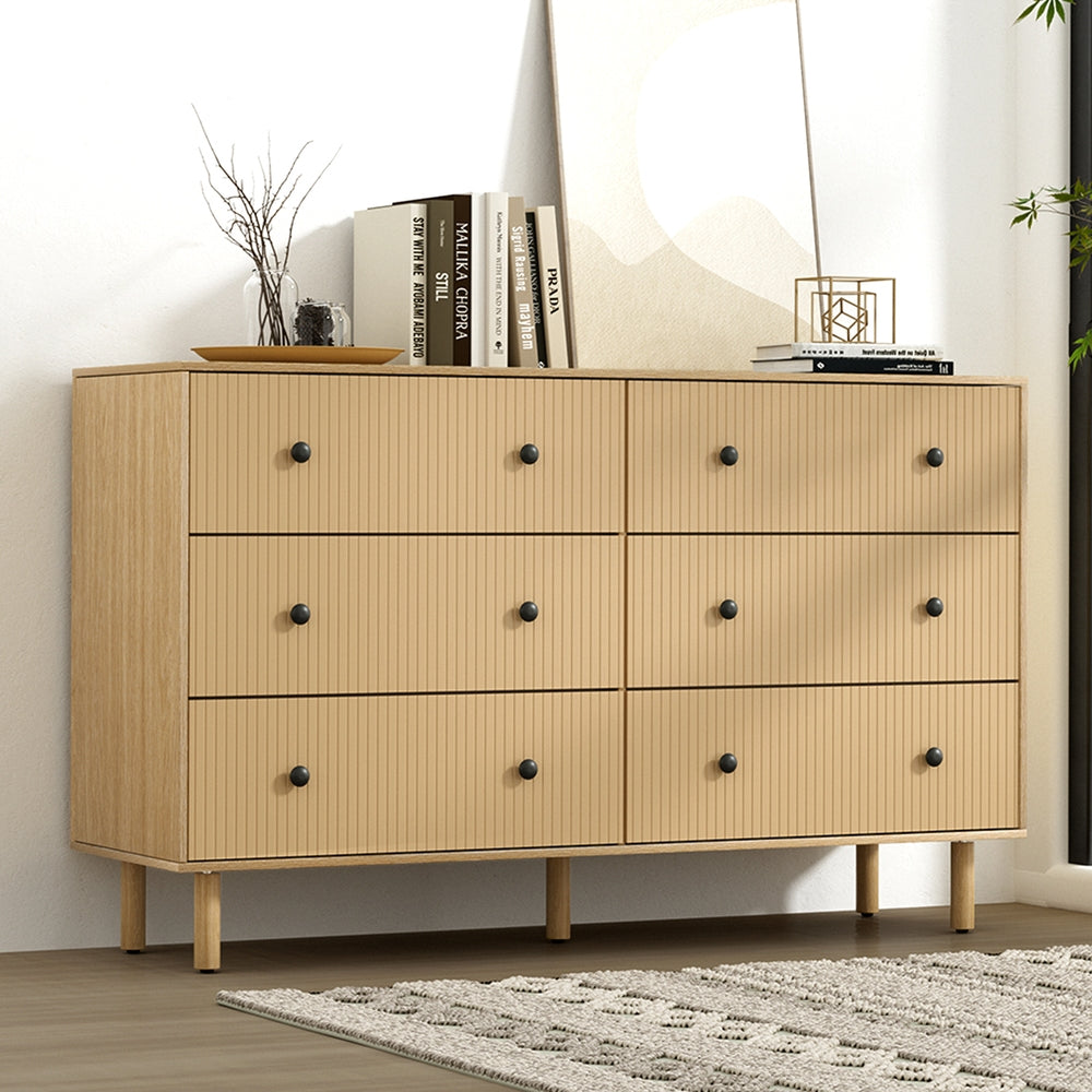 Flutted Front 6 Drawer Lowboy Dresser Oak
