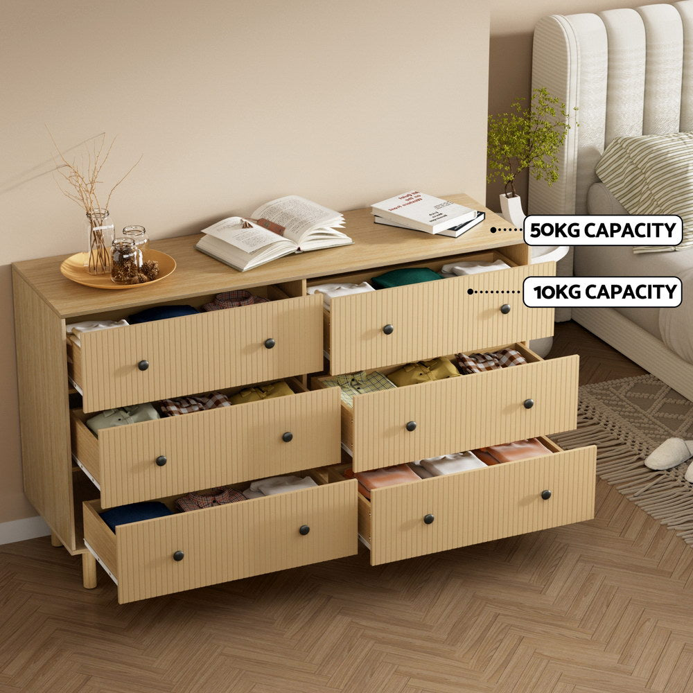 Flutted Front 6 Drawer Lowboy Dresser Oak