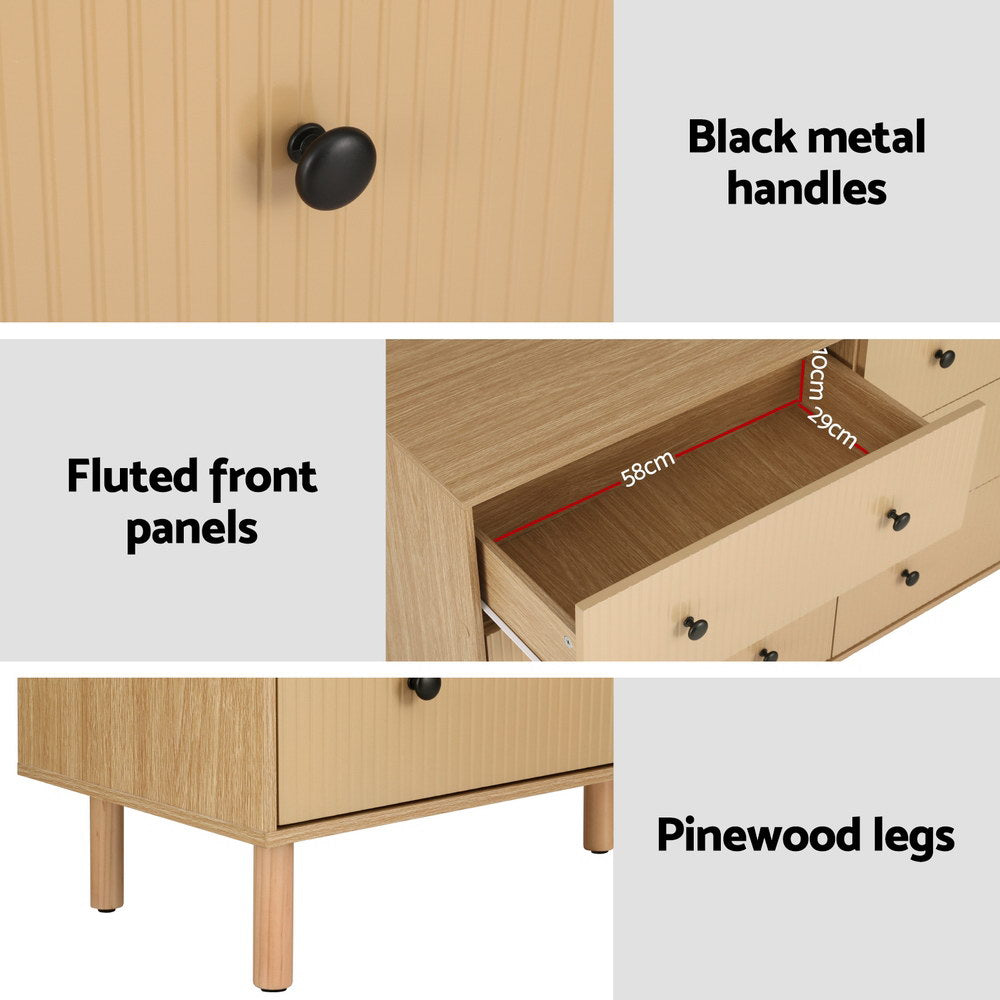 Flutted Front 6 Drawer Lowboy Dresser Oak