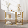 Set of 2 Marble Effect Round 2-Tier Side Tables - White & Gold