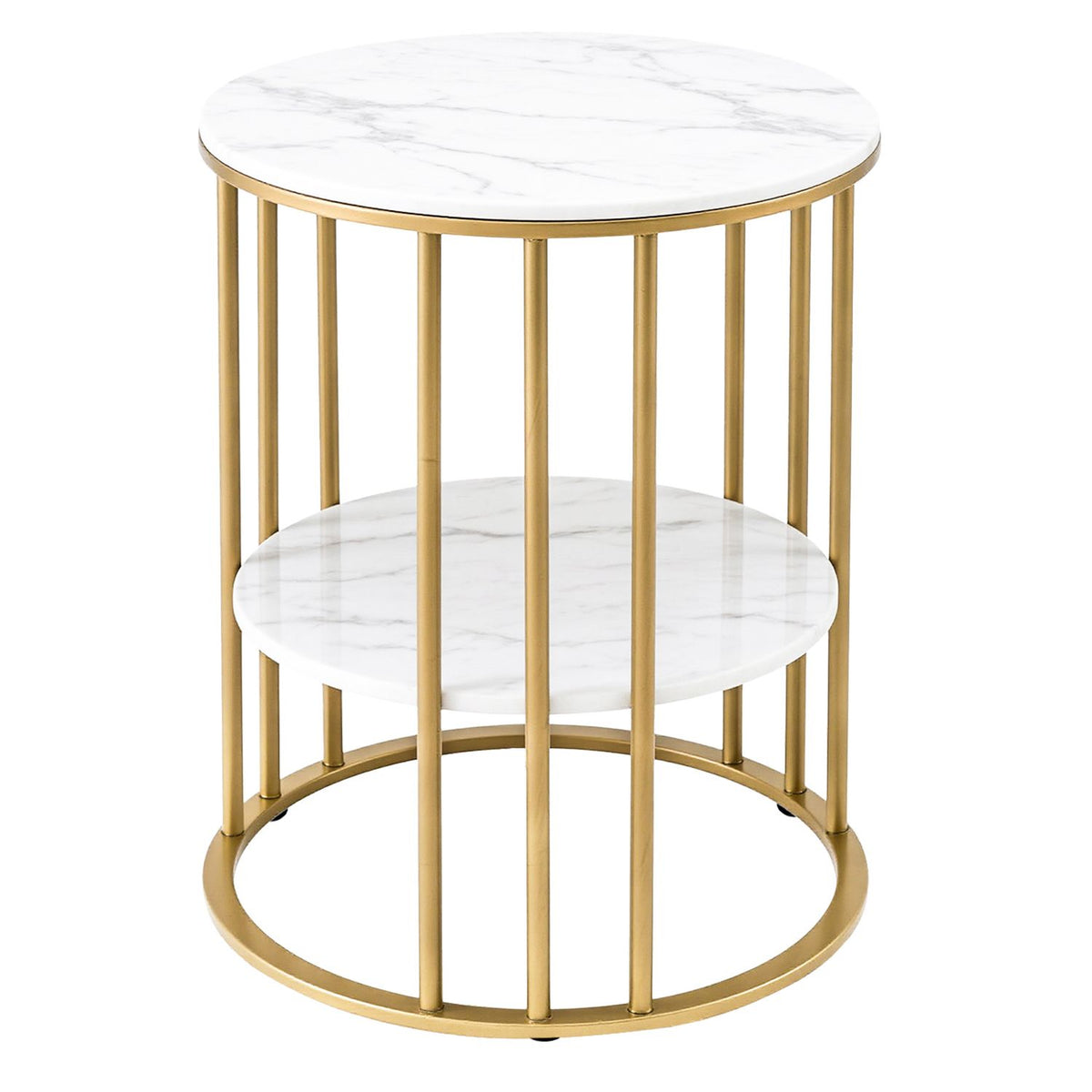 Set of 2 Marble Effect Round 2-Tier Side Tables - White & Gold
