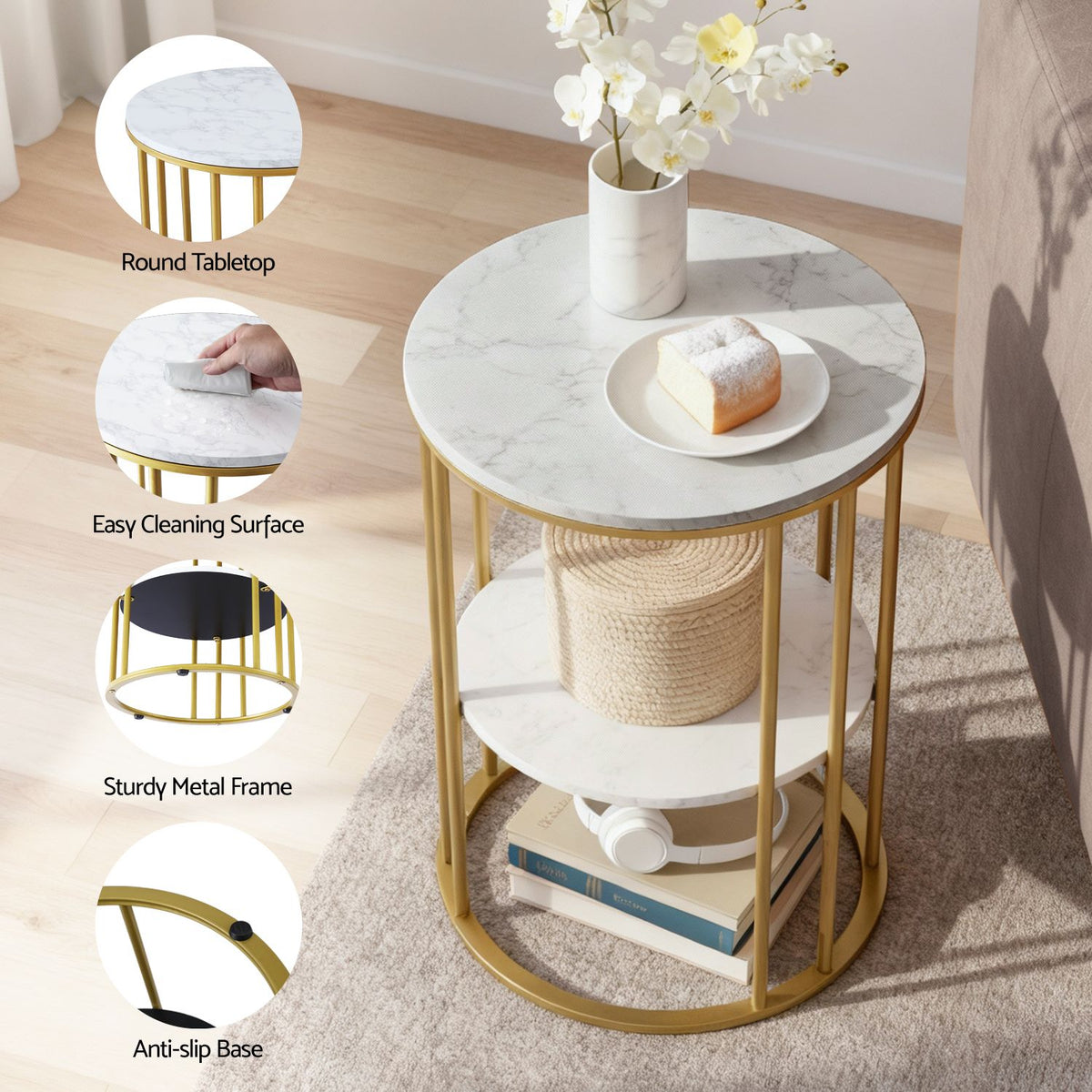 Set of 2 Marble Effect Round 2-Tier Side Tables - White & Gold