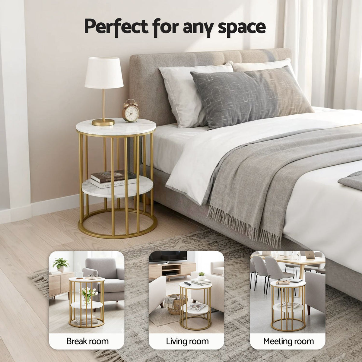 Set of 2 Marble Effect Round 2-Tier Side Tables - White & Gold