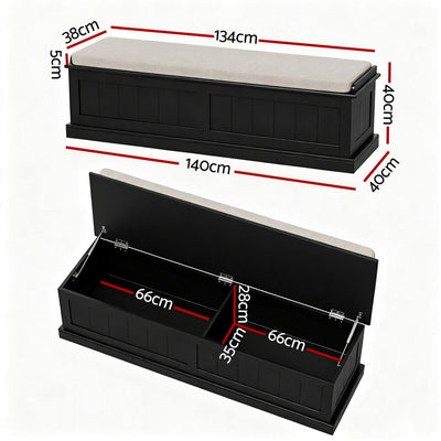 Storage Ottoman Blanket Box 140cm Fluted Black with padded beige top and divided internal storage compartments shown with dimensions
