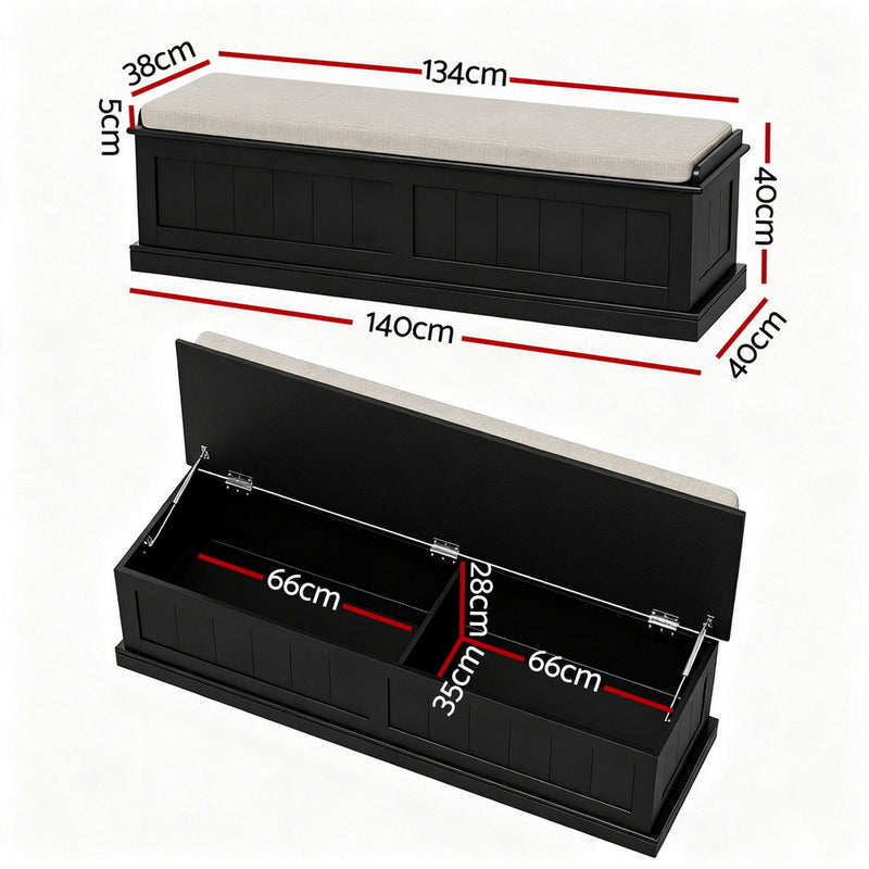 Storage Ottoman Blanket Box 140cm Fluted Black with padded beige top and divided internal storage compartments shown with dimensions