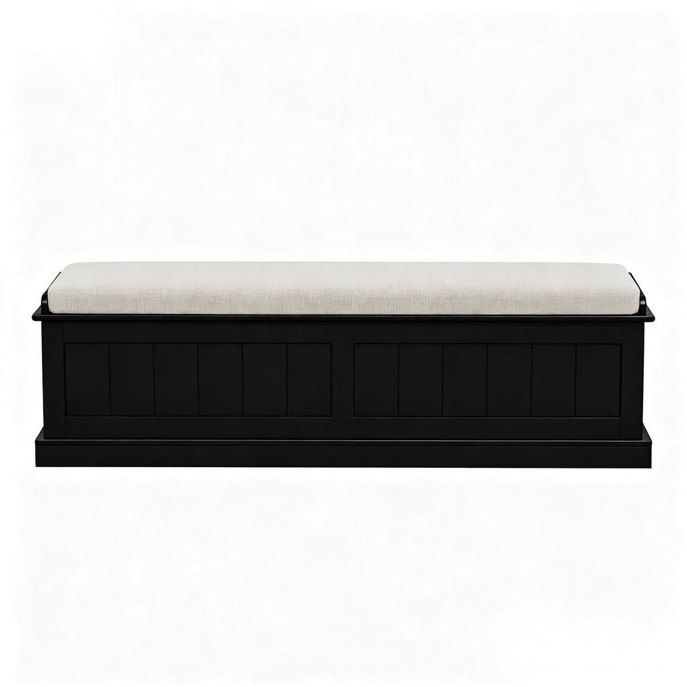 Storage Ottoman Blanket Box 140cm Fluted Black with cushioned linen top and paneled design for bedroom furniture use
