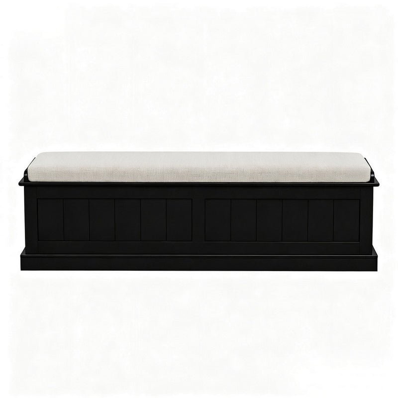 Storage Ottoman Blanket Box 140cm Fluted Black with cushioned linen top and paneled design for bedroom furniture use