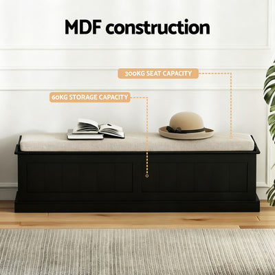 Storage Ottoman Blanket Box 140cm Fluted Black with cushioned seat, MDF construction, 300kg seat and 60kg storage capacity