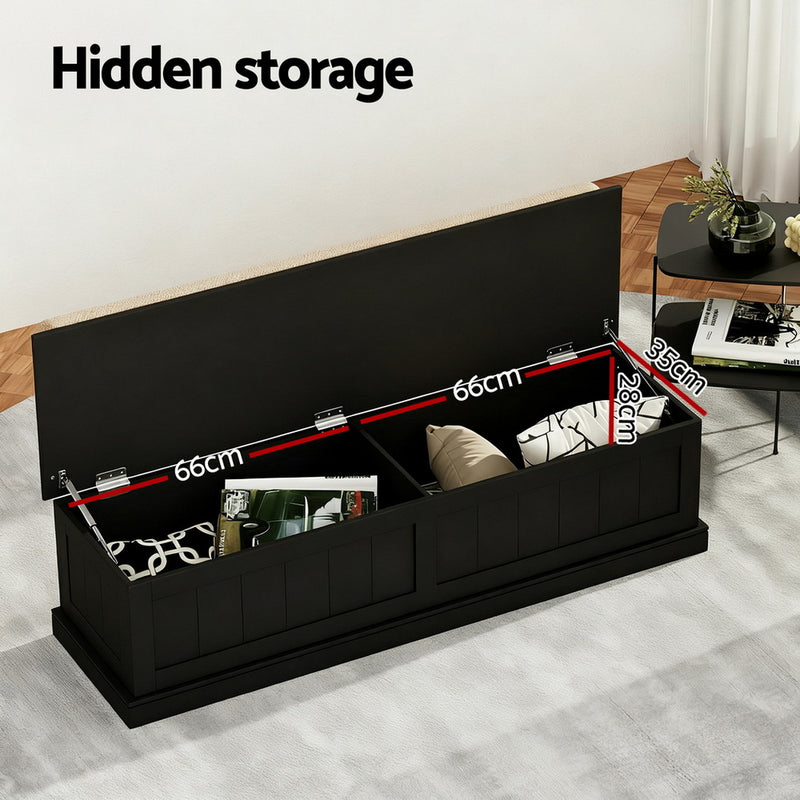 Storage Ottoman Blanket Box 140cm Fluted Black with divided hidden storage compartments in a modern living room setting