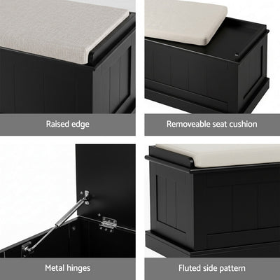 Storage Ottoman Blanket Box 140cm Fluted Black with removable cushion, raised edge, metal hinges, and fluted side pattern