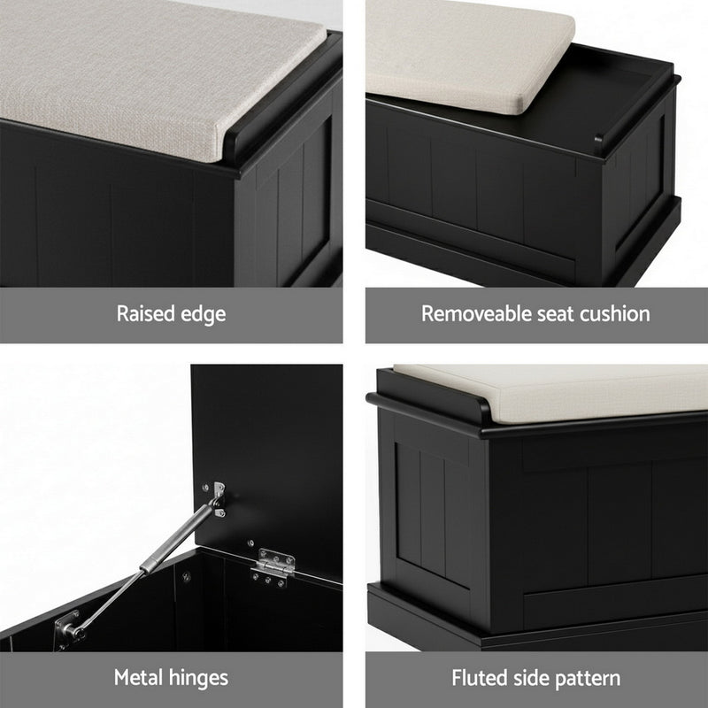 Storage Ottoman Blanket Box 140cm Fluted Black with removable cushion, raised edge, metal hinges, and fluted side pattern