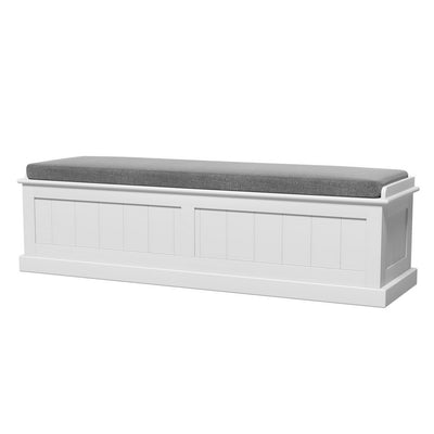 Storage Ottoman Blanket Box 140cm Fluted Grey with cushioned top and white paneled wooden frame for bedroom furniture.
