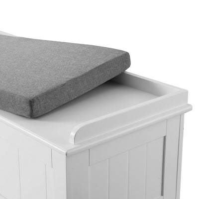 Storage Ottoman Blanket Box 140cm Fluted Grey with removable gray cushioned seat and white wooden frame for bedroom furniture