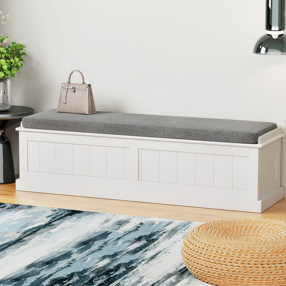 Storage Ottoman Blanket Box 140cm Fluted Grey with padded seat cushion in a bright modern bedroom setting