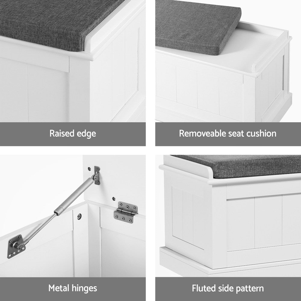 Storage Ottoman Blanket Box 140cm Fluted Grey with removable cushion, fluted sides, raised edge, and metal hinges for bedroom furniture.