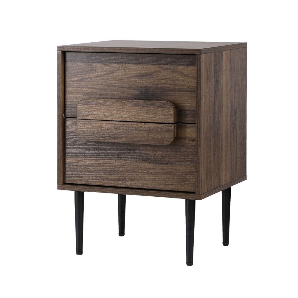 Bedzy Bedside Table Nightstand 2 Drawers - Walnut with sleek black legs, modern handles, and wood grain finish.