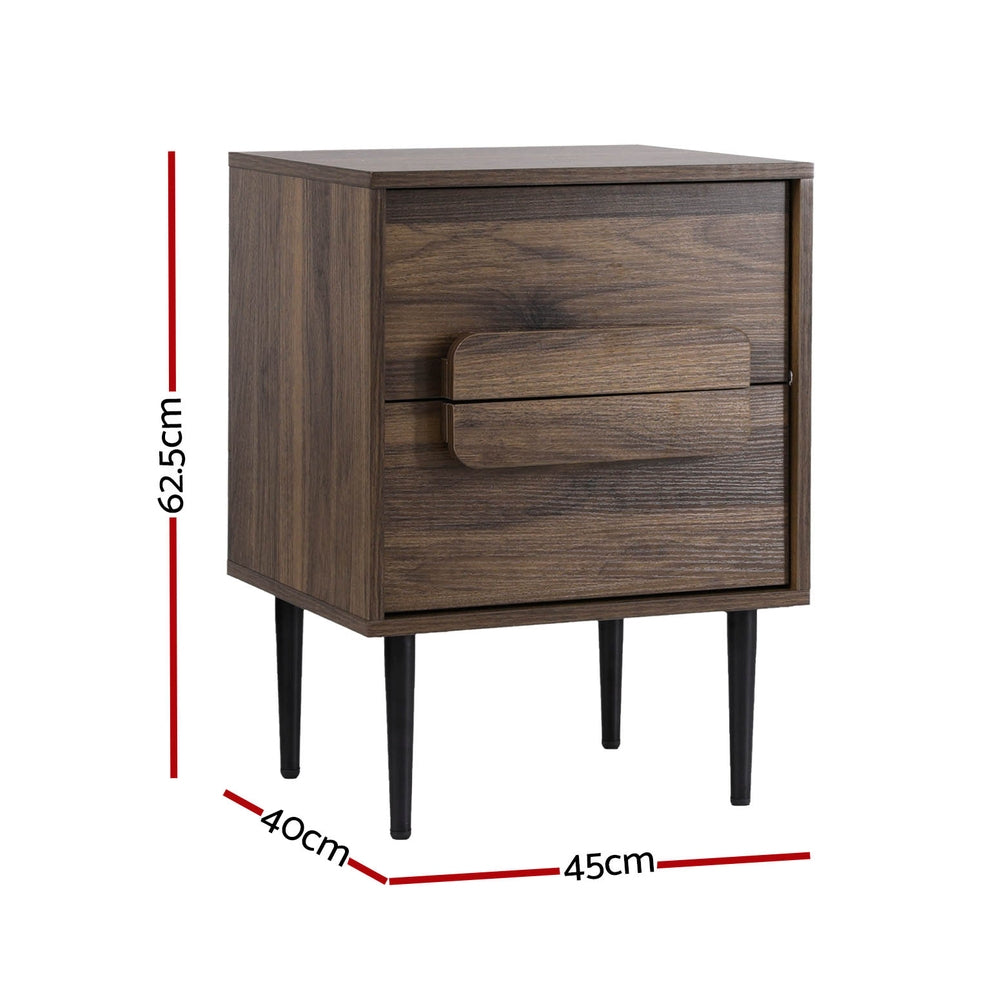 Bedside Table Nightstand 2 Drawers - Walnut with modern handle and slender black legs, ideal for bedroom furniture by Bedzy