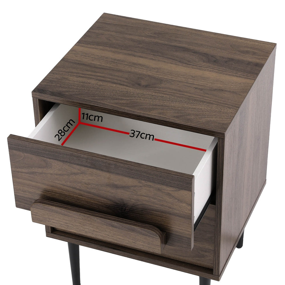 Bedside Table Nightstand 2 Drawers - Walnut with open drawer showing interior dimensions for bedroom furniture by Bedzy