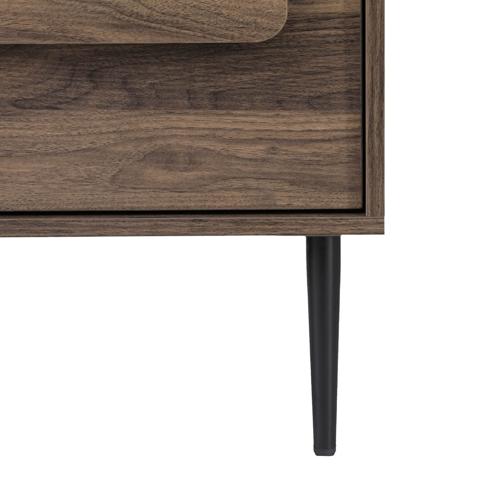 Close-up of Bedside Table Nightstand 2 Drawers - Walnut showing wood grain texture and black tapered leg detail.