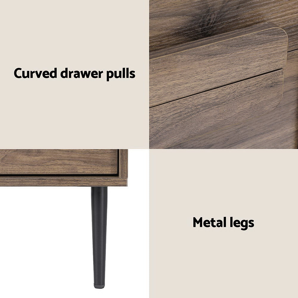 Close-up details of Bedside Table Nightstand 2 Drawers - Walnut showing curved drawer pulls and black metal legs