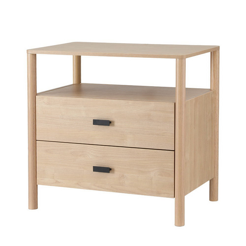 Modern Bedside Table Nightstand with 2 Drawers - Pine in light wood with black drawer handles on white background