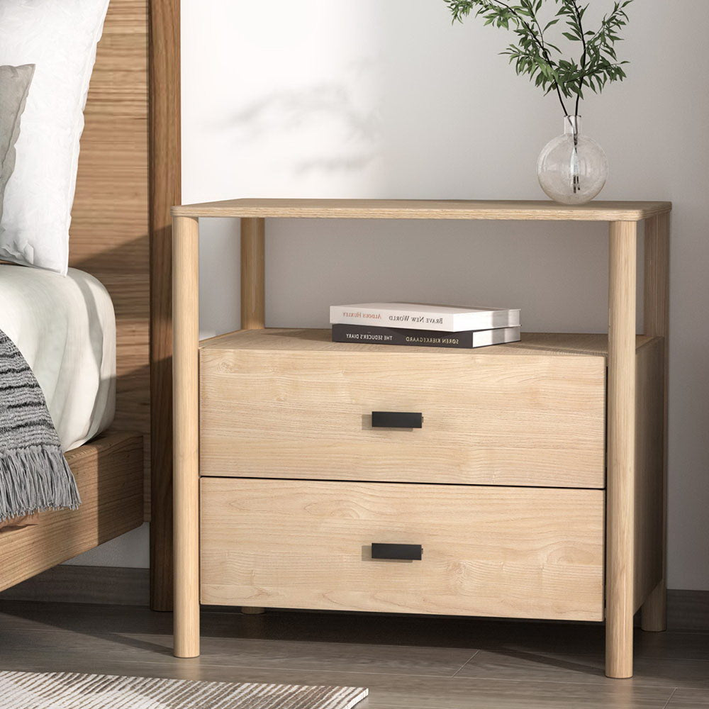 Modern Bedside Table Nightstand with 2 Drawers - Pine with black handles and open top shelf in bedroom setting