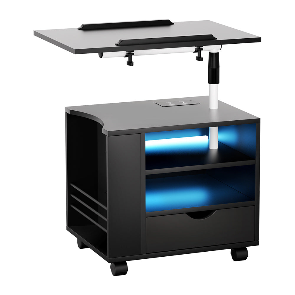 Tala LED Bedside Table with USB charging, adjustable laptop tray, black finish, blue LED lighting, and caster wheels