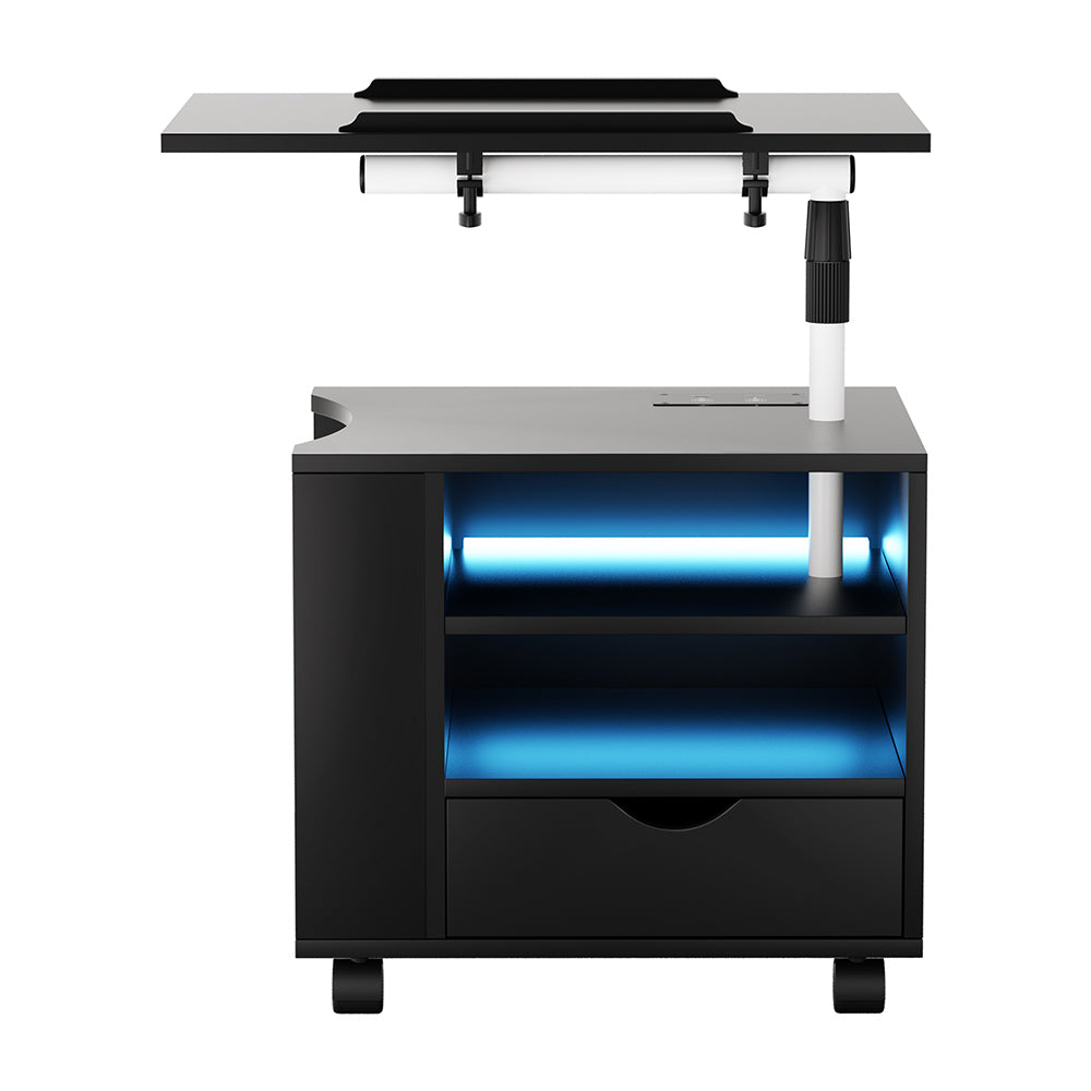 Tala LED Bedside Table with USB charging, adjustable black laptop tray, blue LED lighting, storage drawer, and caster wheels