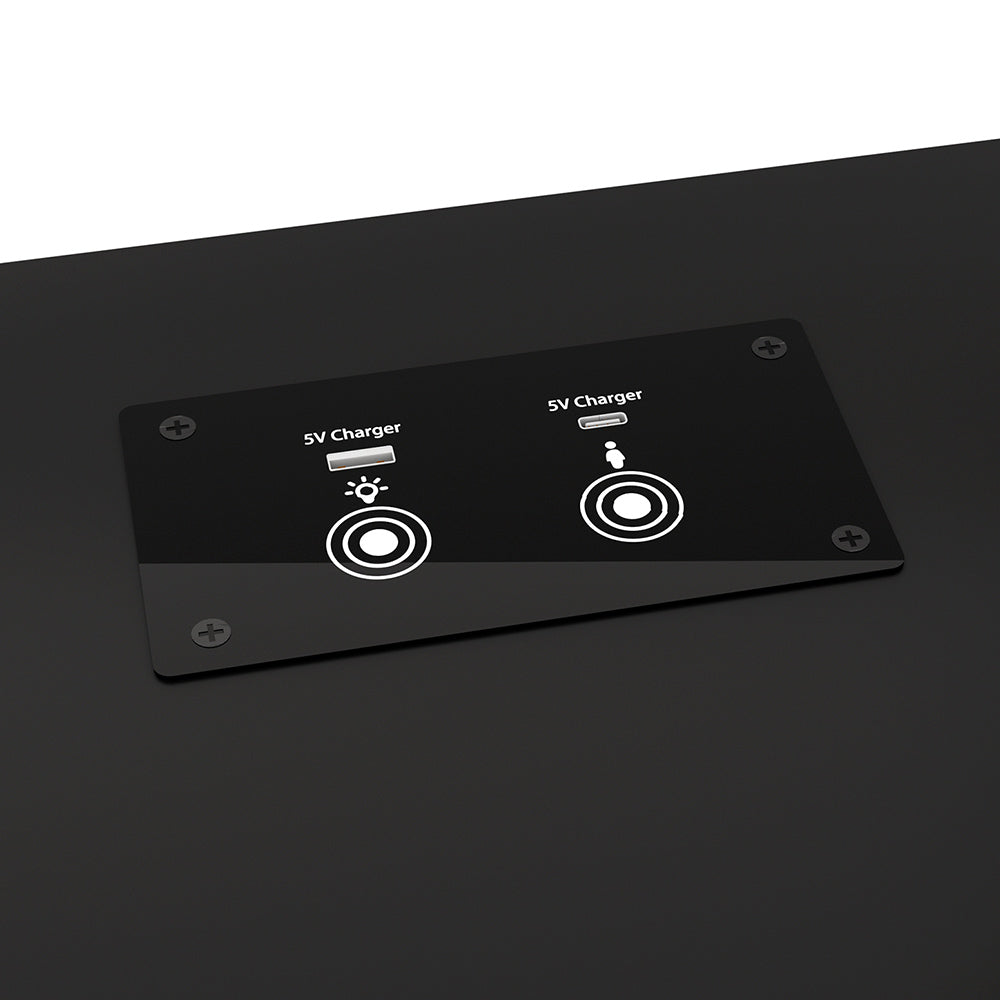 Close-up of 5V USB charging ports on the Tala LED Bedside Table with USB Charging and Adjustable Laptop Tray - Black.