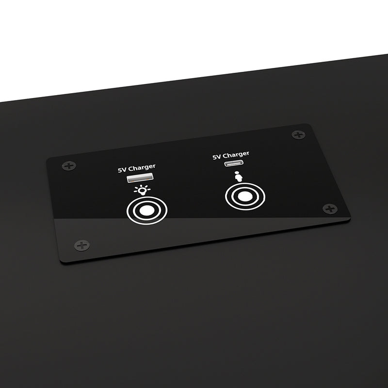 Close-up of 5V USB charging ports on the Tala LED Bedside Table with USB Charging and Adjustable Laptop Tray - Black.