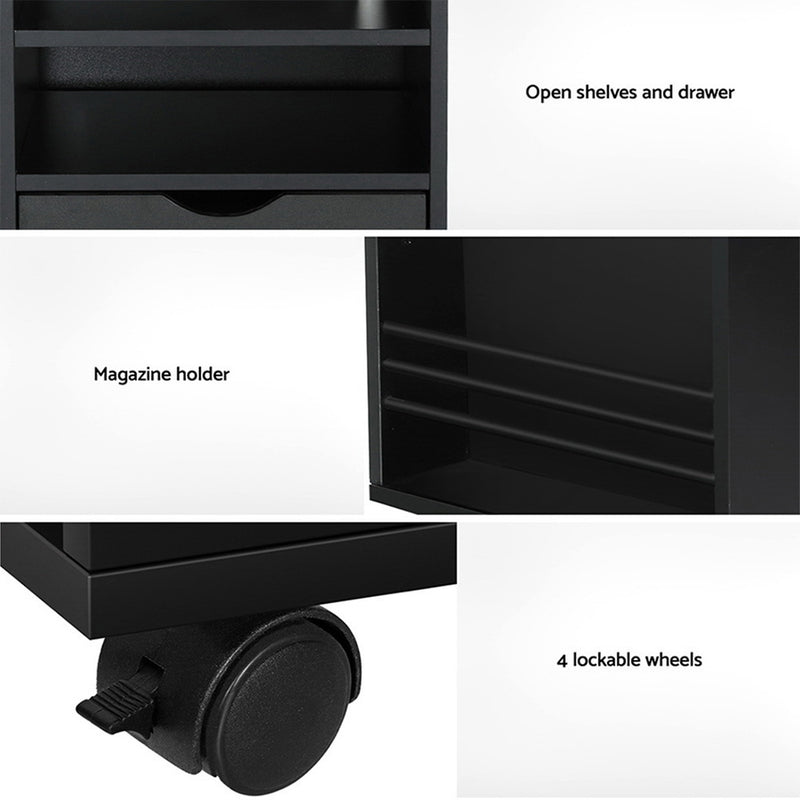 Tala LED Bedside Table with USB Charging and Adjustable Laptop Tray - Black, featuring open shelves, drawer, magazine holder, and lockable wheels