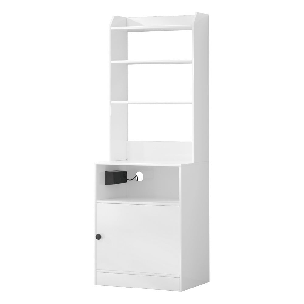 White Bedside Table Nightstand with Charging Station featuring shelves and closed cabinet for bedroom furniture storage.