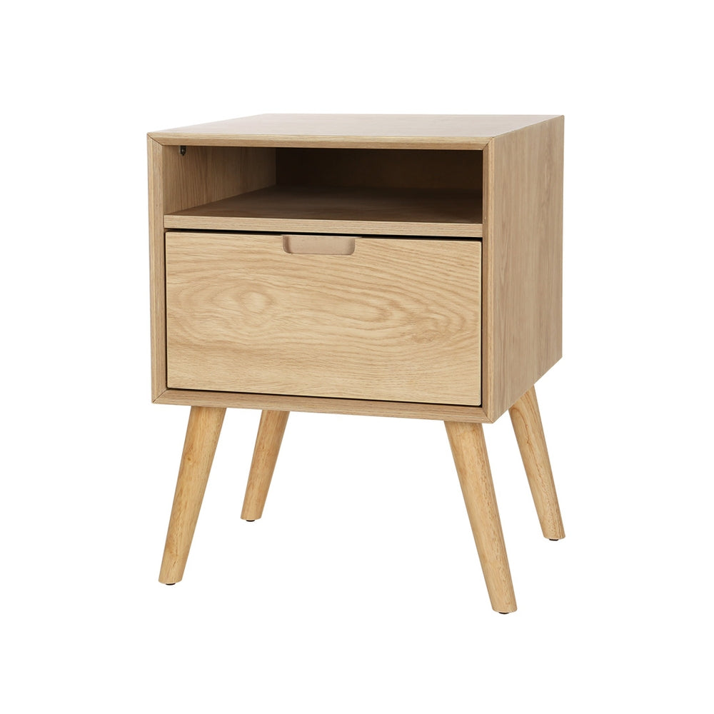 Bedside Table with Drawer and Open Shelf - Pine featuring drawer, open shelf, and tapered legs in natural wood finish.