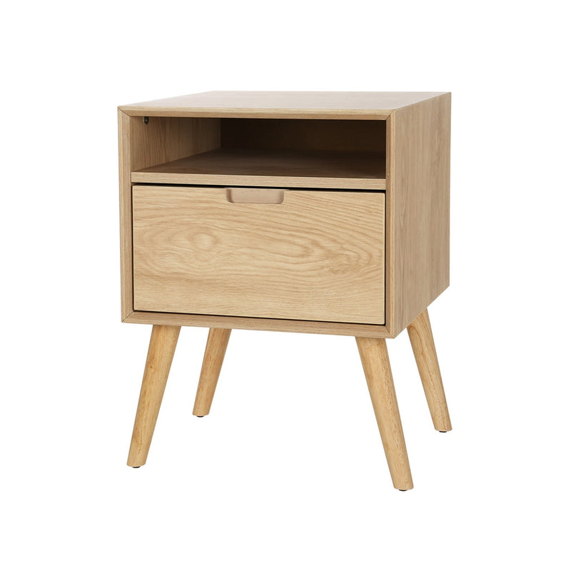 Bedside Table with Drawer and Open Shelf - Pine featuring drawer, open shelf, and tapered legs in natural wood finish.