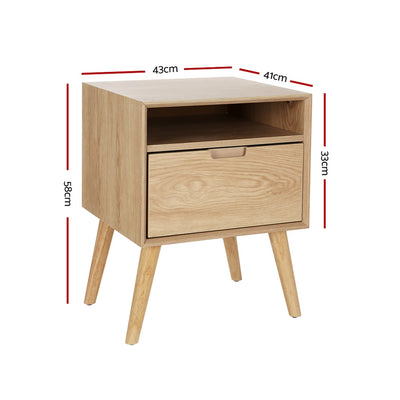 Bedside Table with Drawer and Open Shelf - Pine with angled wooden legs and spacious storage compartments on white background