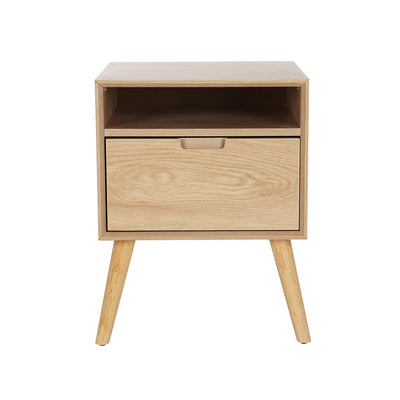 Bedside Table with Drawer and Open Shelf - Pine in natural wood finish with angled legs and simple drawer pull on white background