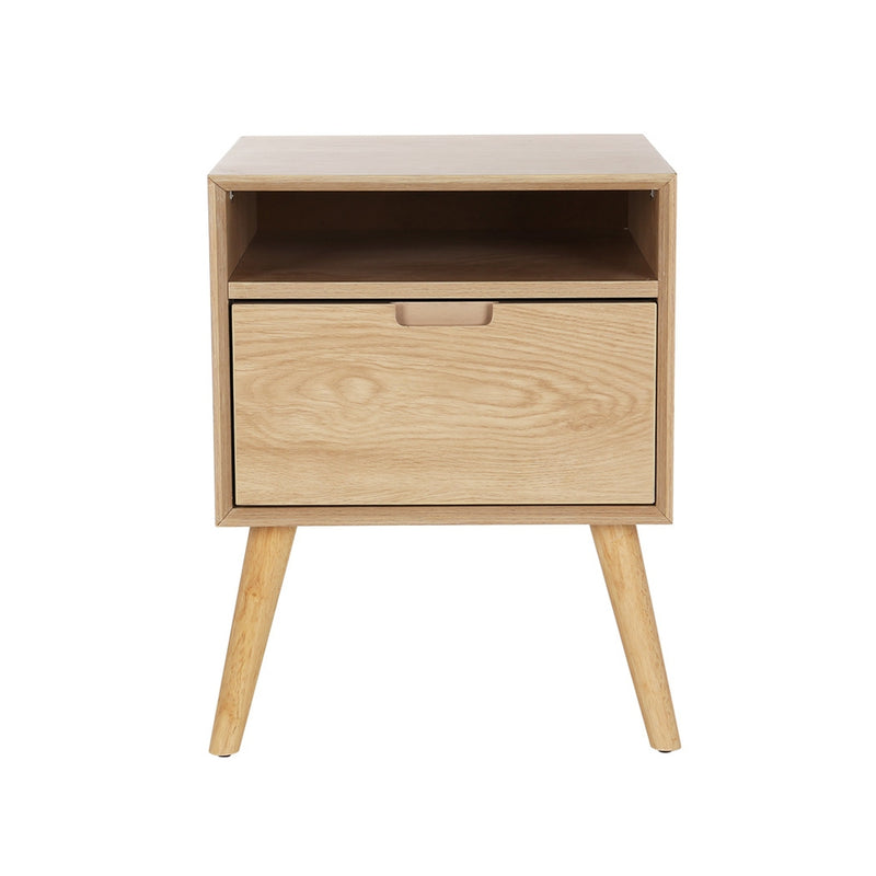 Bedside Table with Drawer and Open Shelf - Pine in natural wood finish with angled legs and simple drawer pull on white background