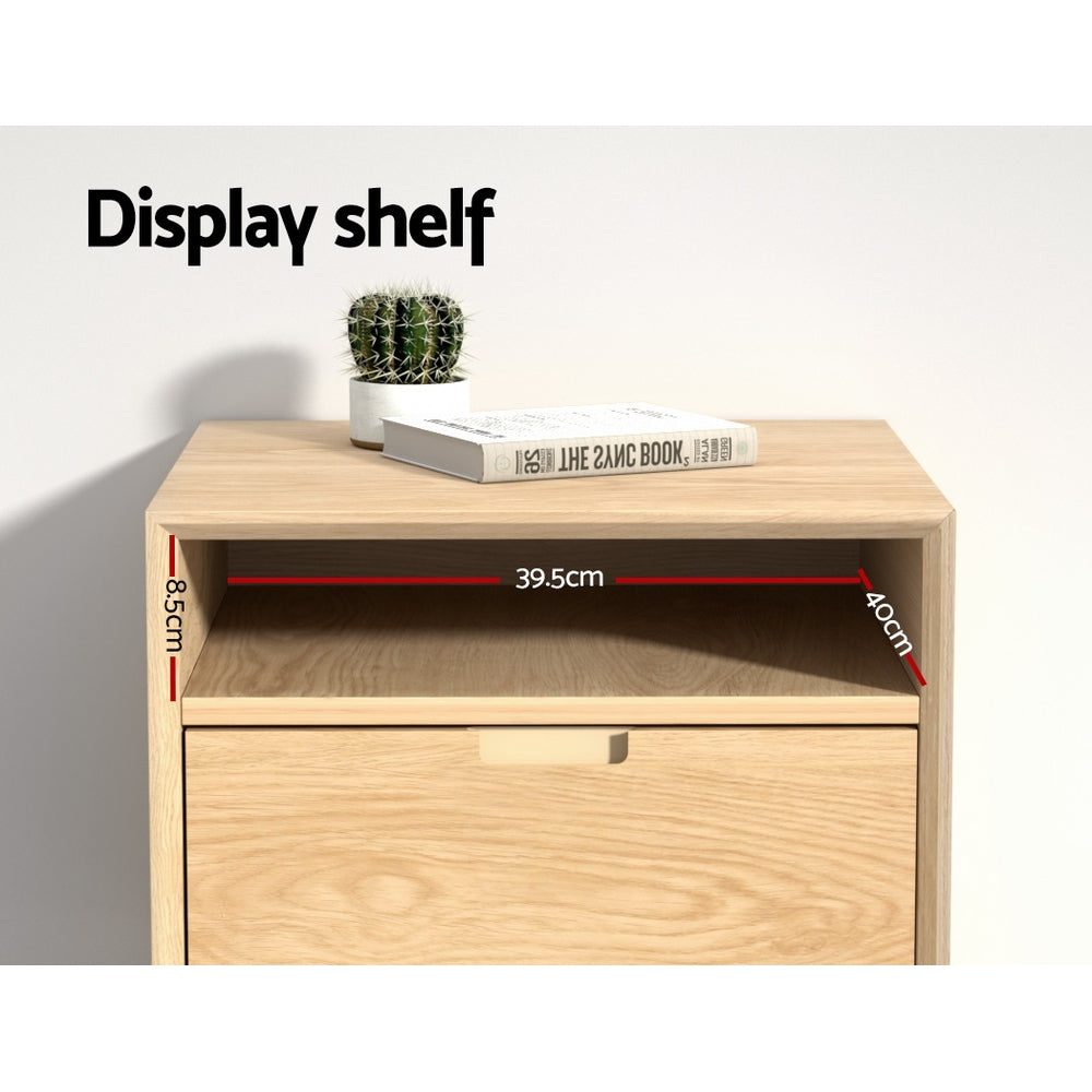 Bedside Table with Drawer and Open Shelf - Pine showing open shelf space with book and small plant on top