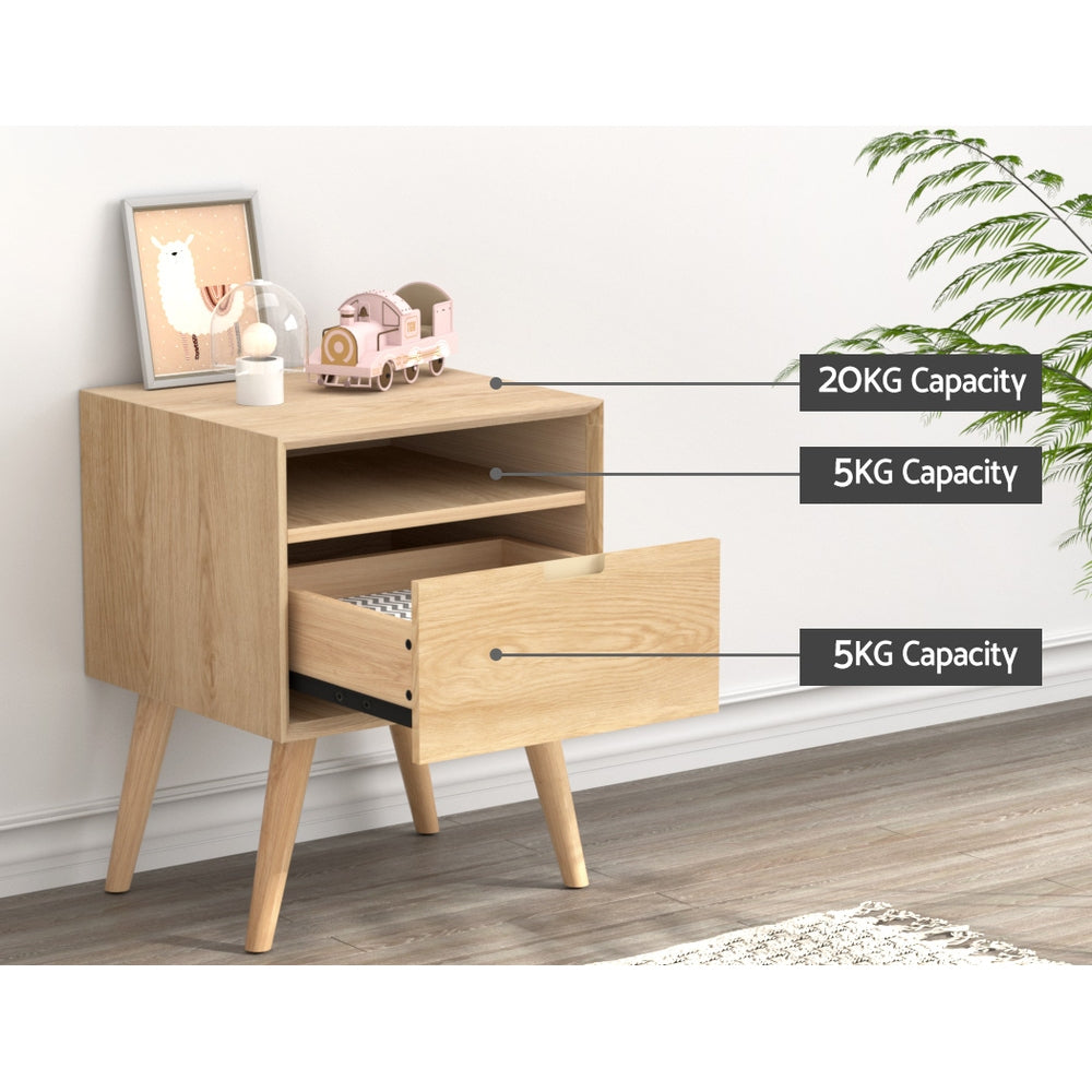 Bedside Table with Drawer and Open Shelf - Pine, showing storage capacities and styled in bedroom setting